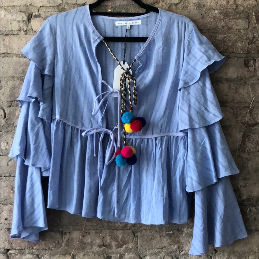 English factory S blue Pom Pom ruffle tie shirt